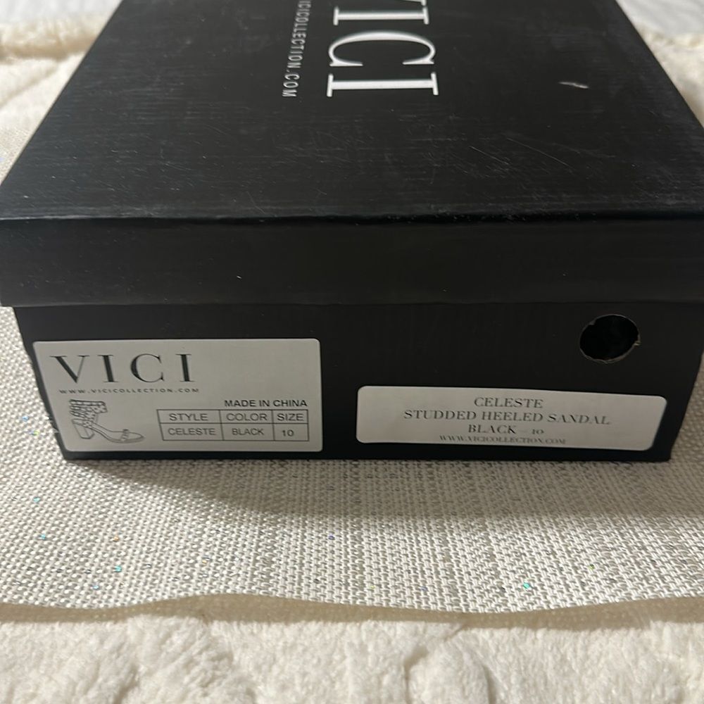 VICI 10 Celeste Black Metallic Studded Block Heel Strappy Multi Buckle Sandal - Picture 13 of 13